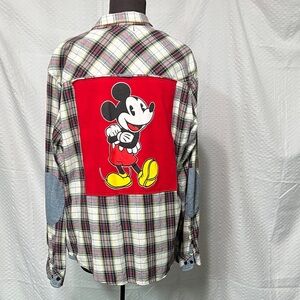 Upcycled Men's Plaid Flannel Shirt with Denim Pocket